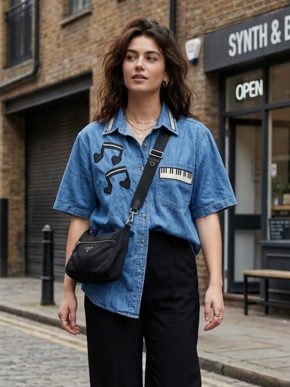 PTNY Vintage Y2K Women's Blue Denim Button-Down Shirt, Music Notes, Size Small